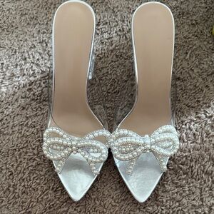 Elegant Silver Women's Shoes with Pearl Bow - used one time ! For sale